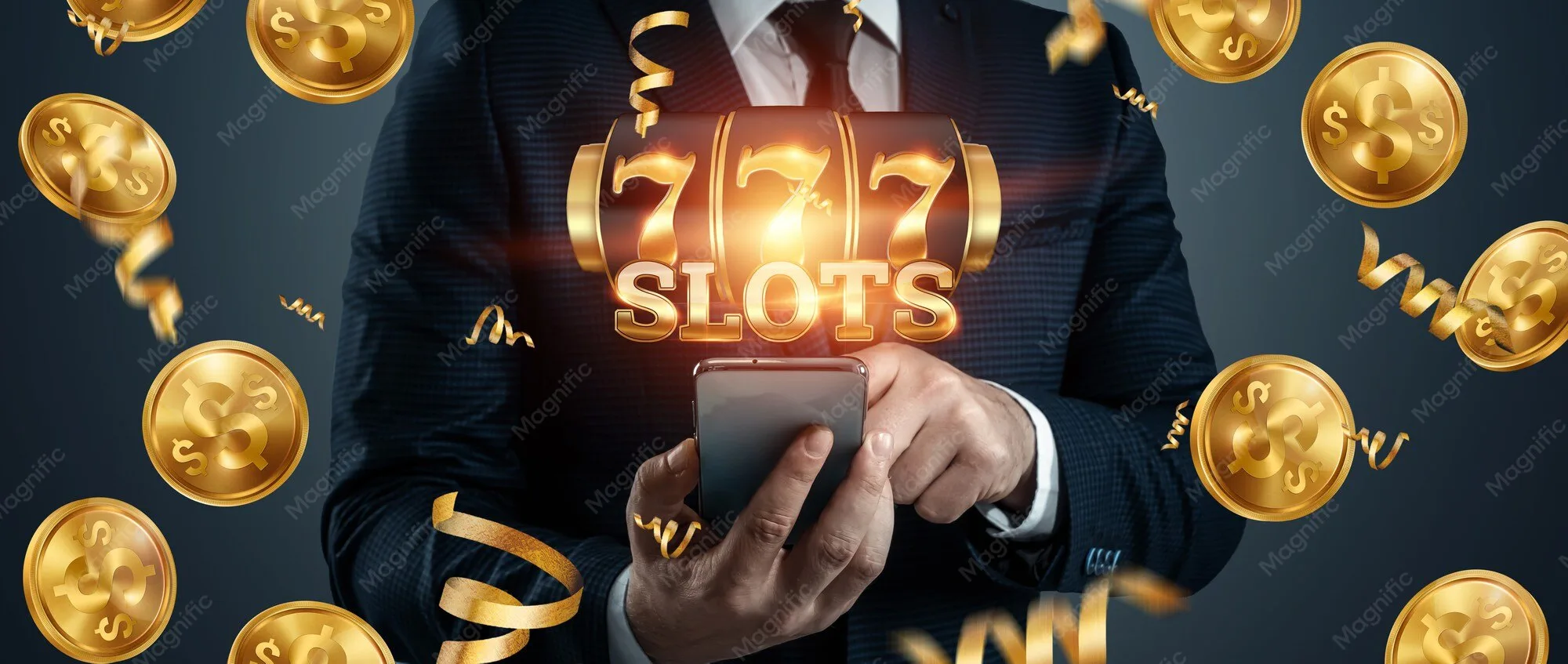 Mann som holder mobil med 777-slots og flyvende gullmynter