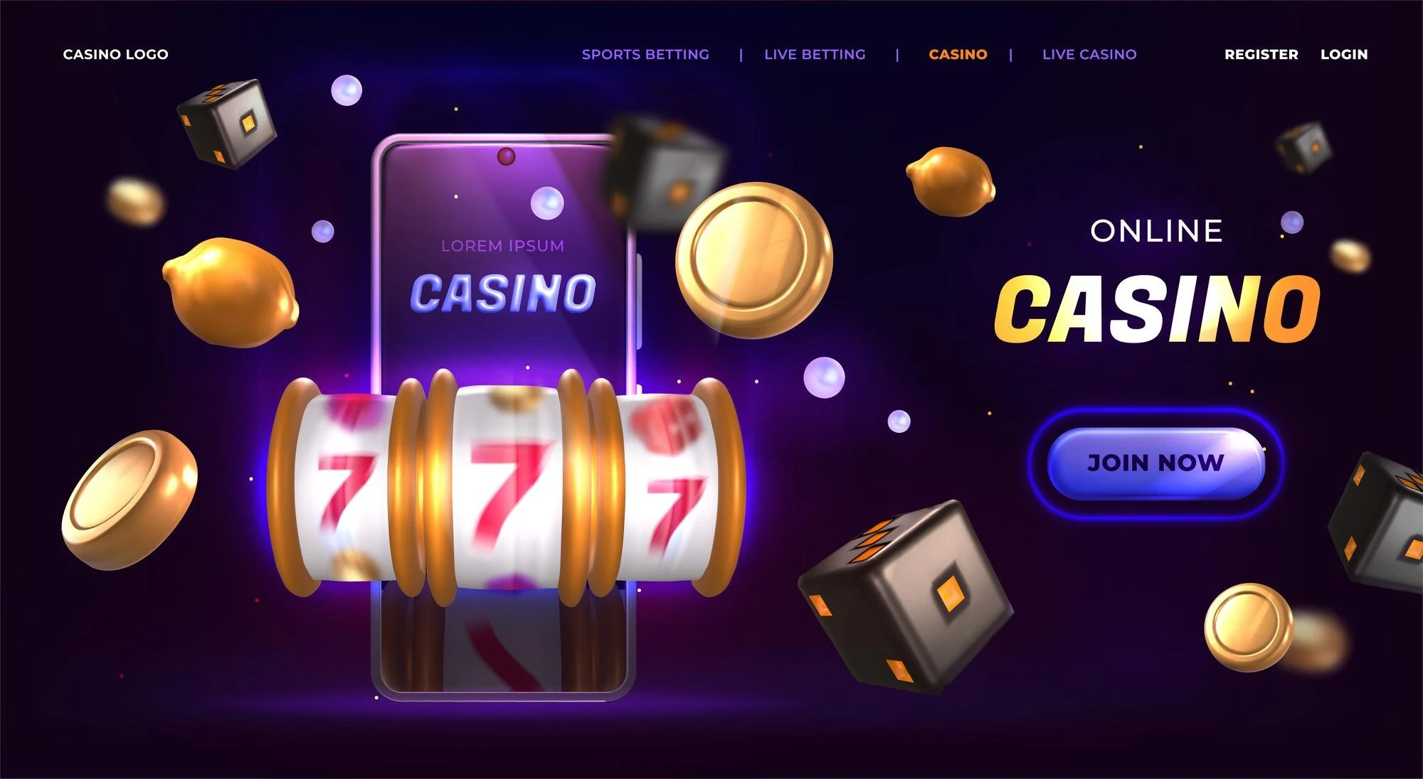 Nettcasino med 777-spilleautomat, mynter og terninger