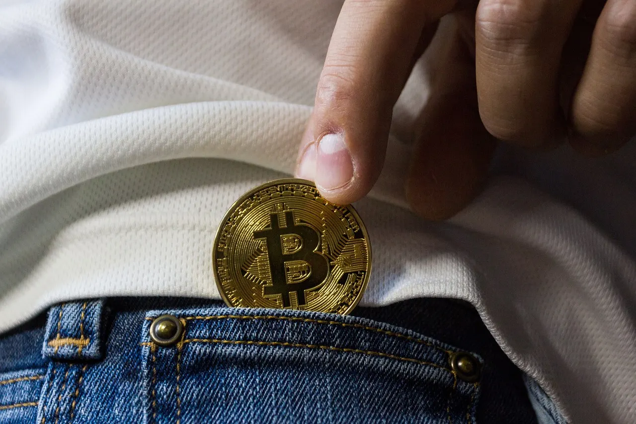 Finger som legger en Bitcoin-mynt i en lomme