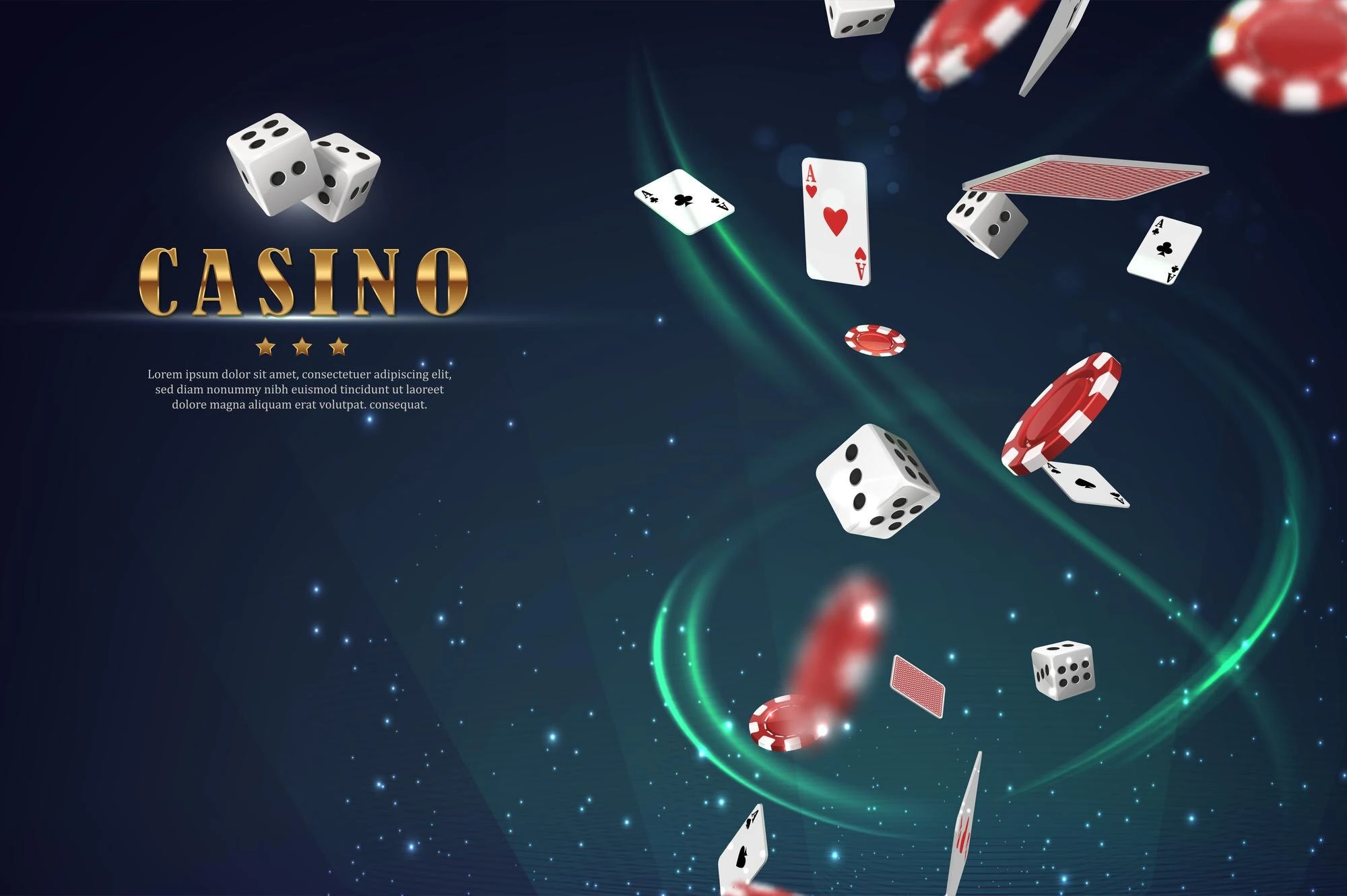 Casinobanner med spillekort, pokerbrikker og terninger