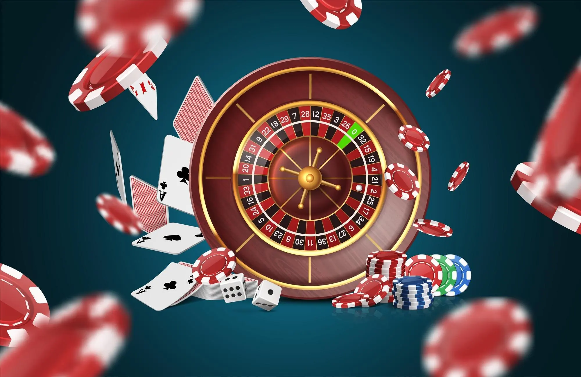 Rulett med flyvende spillekort, terninger og pokerbrikker